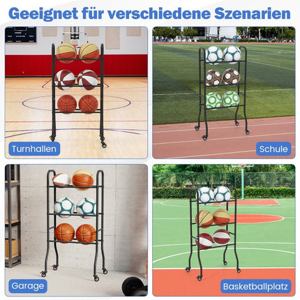 3patrový kovový stojan na basketbalové míče s kolečky – pro 6 míčů