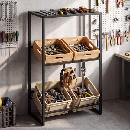 3-Tier Metal Drink Crate Rack with Shelf and Hooks