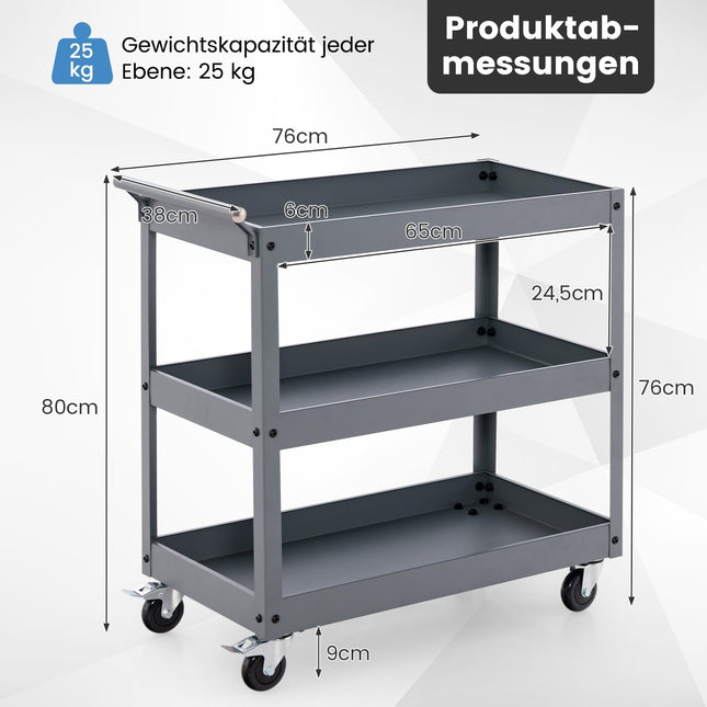 3patrový kovový pojízdný vozík s ergonomickým madlem, šedý