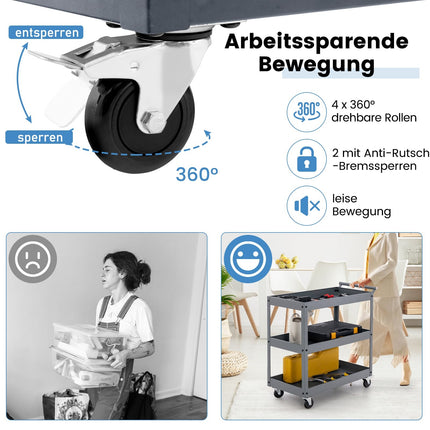 3patrový kovový pojízdný vozík s ergonomickým madlem, šedý