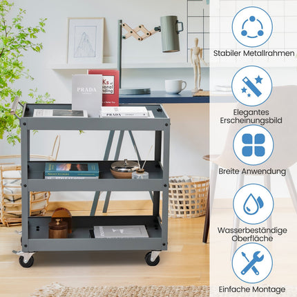 3patrový kovový pojízdný vozík s ergonomickým madlem, šedý
