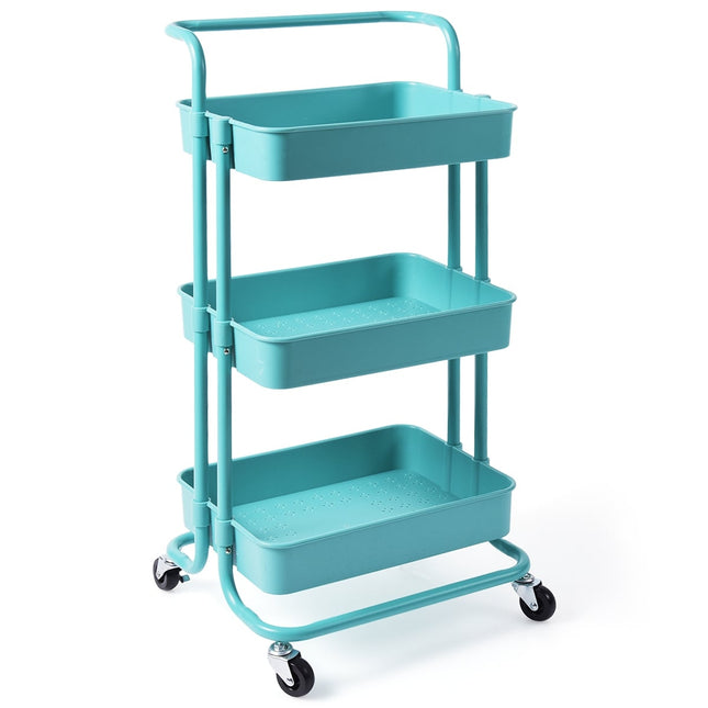 Metalen transportkar met 3 etages en wielen, draagvermogen 60 kg, turquoise