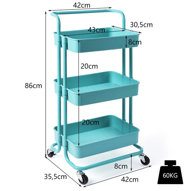 Metalen transportkar met 3 etages en wielen, draagvermogen 60 kg, turquoise