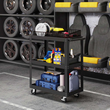 3-Tier Metal Utility Cart with Wheels, Black, 70.5 x 35 x 82.5 cm