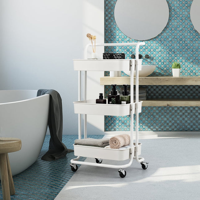 Metalen transportkar met 3 etages en wielen, zwart/wit, 42x35x87 cm