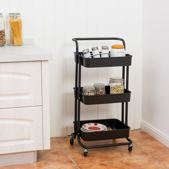 Metalen transportkar met 3 etages en wielen, zwart/wit
