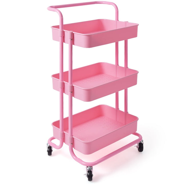 3-Tier Metal Utility Cart with Wheels, Pink, Easy Assembly