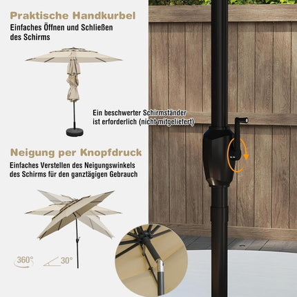 3patrový slunečník, béžový, 300 cm, odolný proti větru