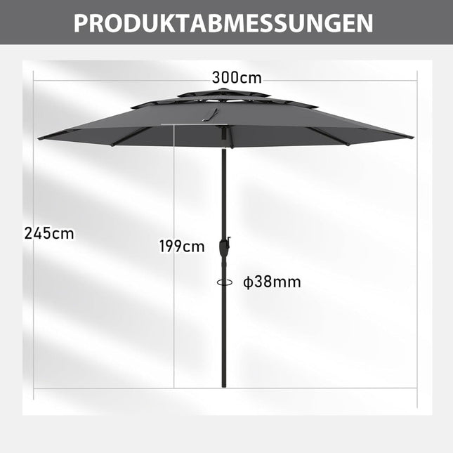 3patrový slunečník, klika, naklápění, 300cm, šedý