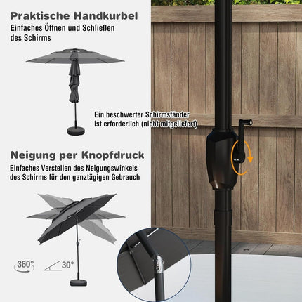3patrový slunečník, klika, naklápění, 300cm, šedý