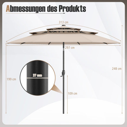 3patrový slunečník, solární LED, klika a naklápění, béžový