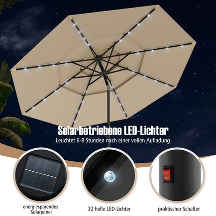 3patrový slunečník, solární LED, klika a naklápění, béžový