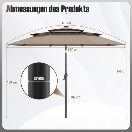 3patrový slunečník, solární LED, klika a naklápění, hnědý