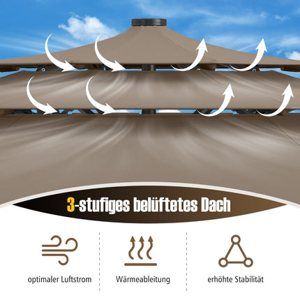 3patrový slunečník, solární LED, klika a naklápění, hnědý