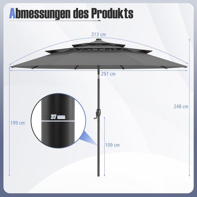 3-Tier Patio Umbrella with Solar LED Lights, Grey