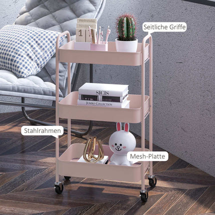 3patrový růžový ocelový úložný vozík s kolečky