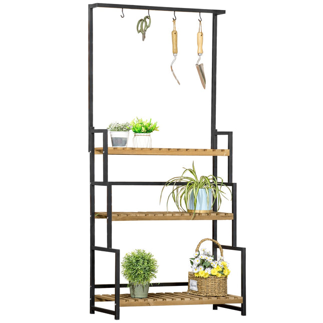 Třípatrový dřevěný regál na rostliny s háčky – 80x36x174 cm