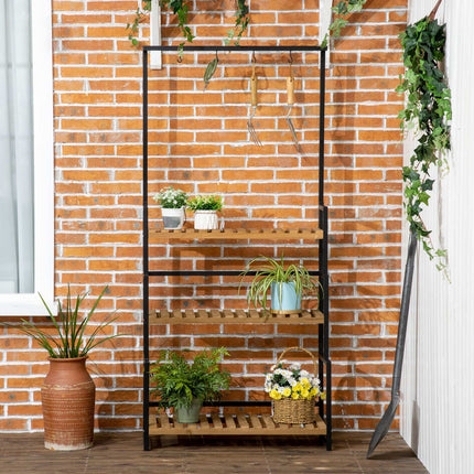 Třípatrový dřevěný regál na rostliny s háčky – 80x36x174 cm