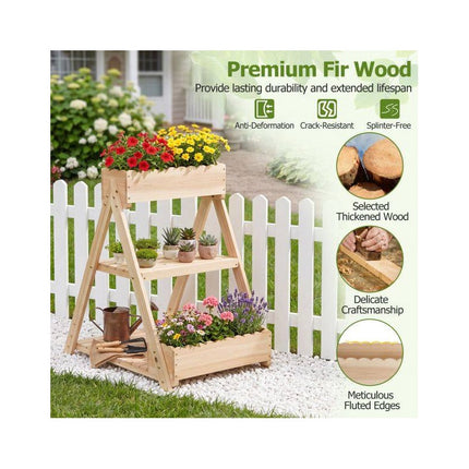 3-Tier Raised Garden Bed with 3 Planter Boxes and 2 Shelves, Fir Wood, Natural