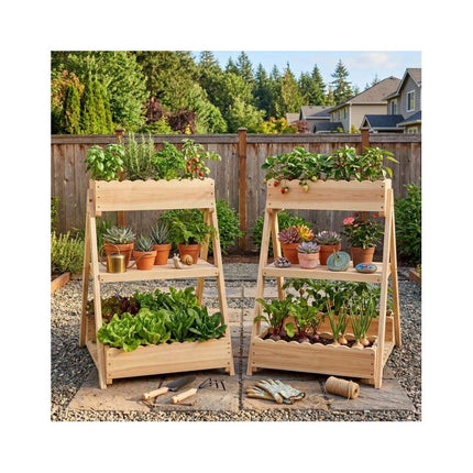 3-Tier Raised Garden Bed with 3 Planter Boxes and 2 Shelves, Fir Wood, Natural