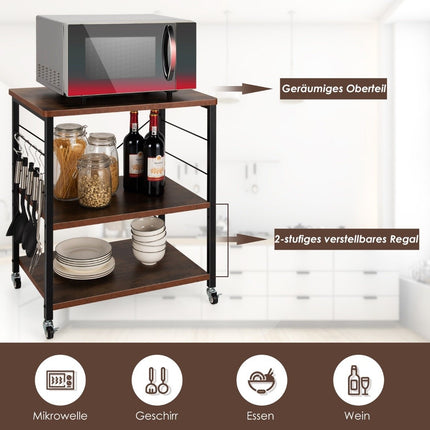 3-Tier Rolling Cart with Adjustable Shelf & 10 Hooks