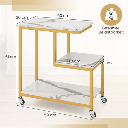 3patrový pojízdný odkládací stolek – vzhled mramoru, design ve tvaru G