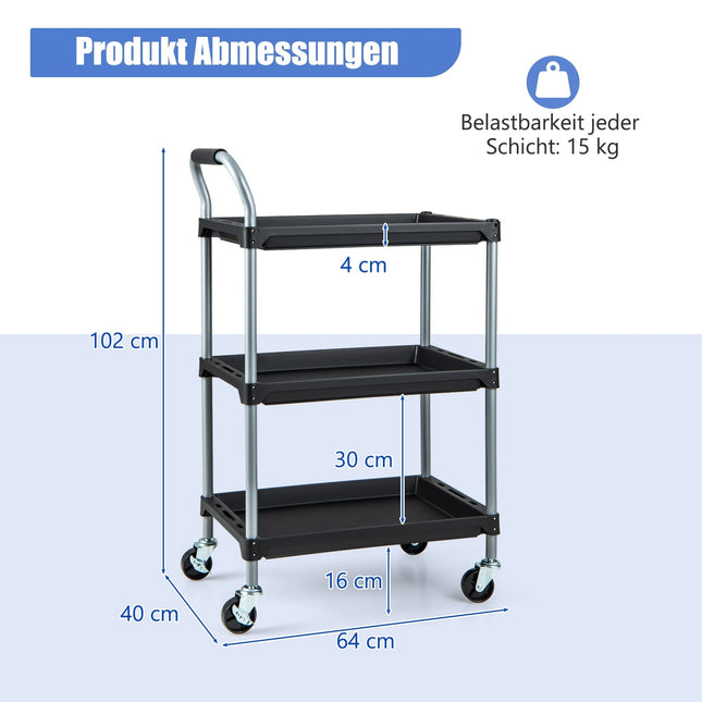 3-laags gereedschapswagen op wielen, zwart, 64x40x102 cm