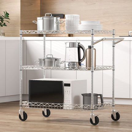 3-Tier Rolling Utility Cart, Adjustable Wire Shelves, 76x46x91 cm