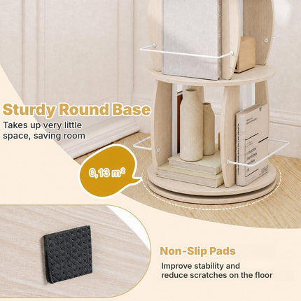 3-Tier Rotating Bookshelf Tower with Display Stands, Light Oak, 360° Swivel