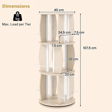 3-Tier Rotating Bookshelf Tower with Display Stands, Light Oak, 360° Swivel