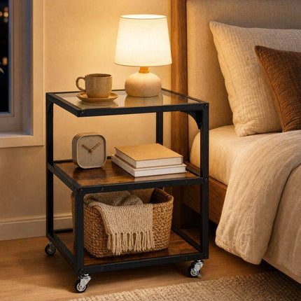 3-Tier Side Table with Glass Top and Steel Frame