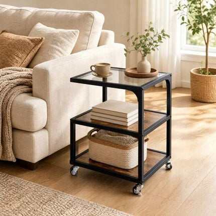 3-Tier Side Table with Glass Top and Steel Frame