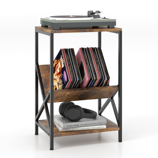 3-laags bijzettafel met V-vormige tijdschriftenhouder, bruin