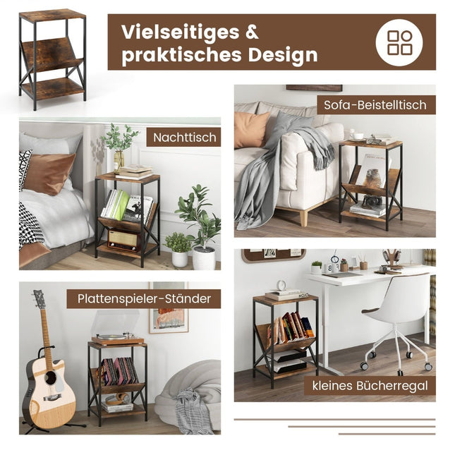 3-laags bijzettafel met V-vormige tijdschriftenhouder, bruin