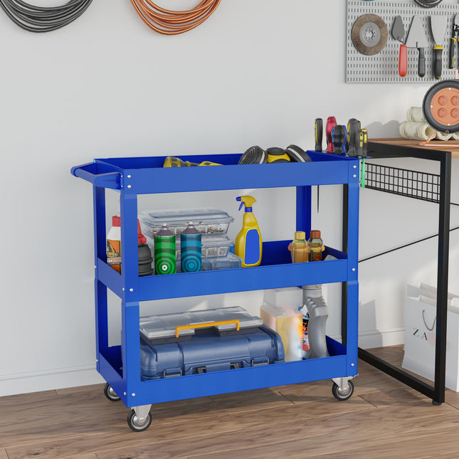 3-laags stalen gereedschapswagen, 4 wielen, 83x35,3x76 cm, blauw