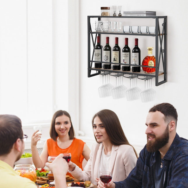 3patrový nástěnný kovový stojan na víno s držákem na sklenice, industriální design, rustikální hnědá