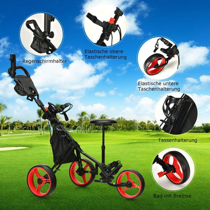 3kolový nastavitelný golfový vozík se sedátkem, červená/černá