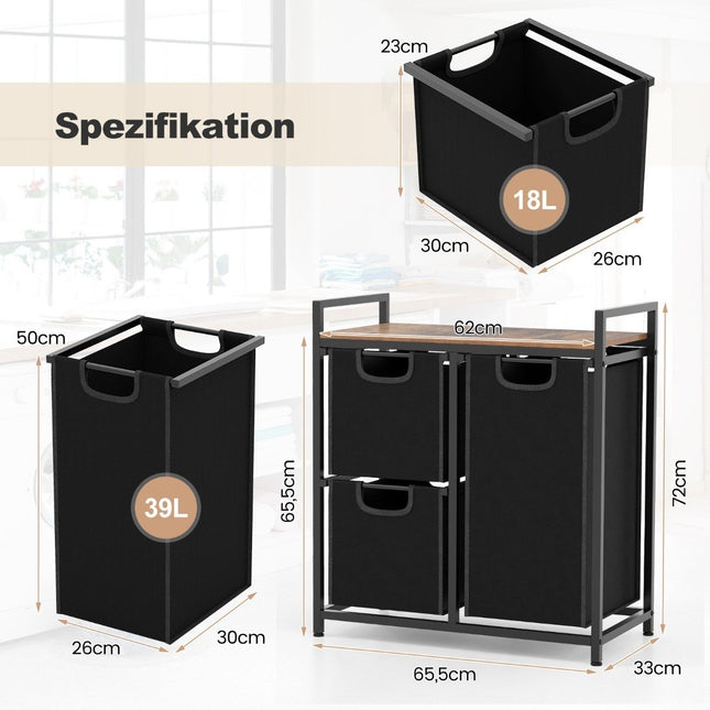 3 compartment laundry basket with shelf & 3 removable pockets laundry basket 66.5 x 33 x 72 cm