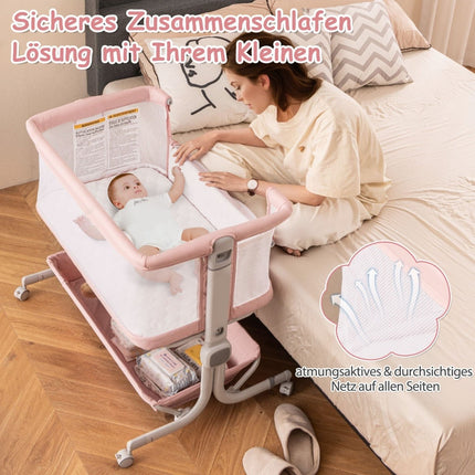 3-in-1 Baby Crib with Mattress, Adjustable Height, Pink