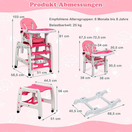 Rozkládací dětská jídelní židlička 3v1 s pultíkem, růžová