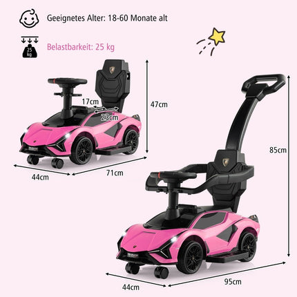 Vozítko Lamborghini 3v1, odrážedlo se světlomety, hudbou a úložným prostorem, růžové