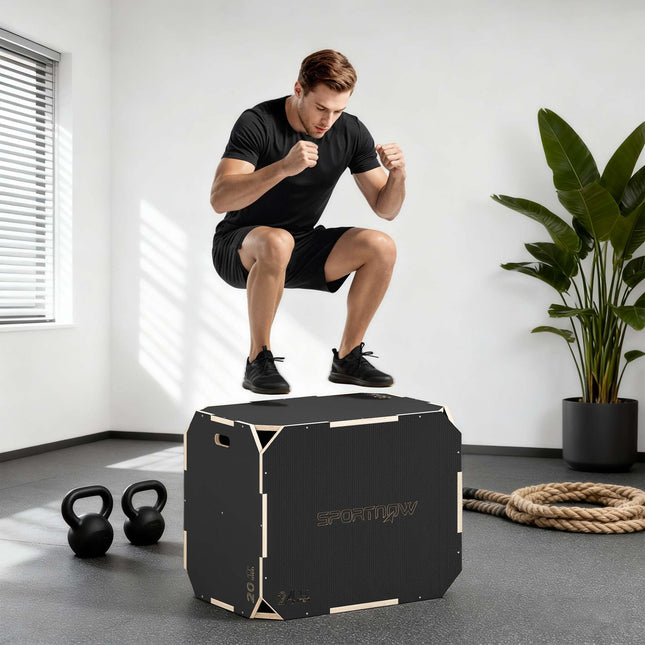 Plyo box 3v1 s madly, dřevo, černý, 3 výšky