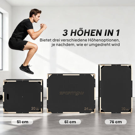 Plyo box 3v1 s madly, dřevo, černý, 3 výšky