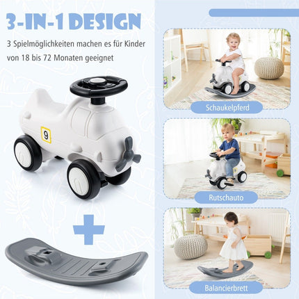 3 in 1 Rocking Horse Rocking Animal & Ride-On Car with Removable Balance Board White Airplane