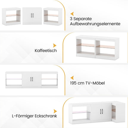 TV stolek 3v1 s LED, nastavitelné police, max. 85"