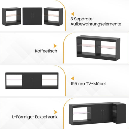 TV stolek 3v1 s LED osvětlením pro televize do 85", černý