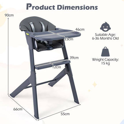 3-in-1 Washable Baby High Chair with Tray & Footrest, Gray