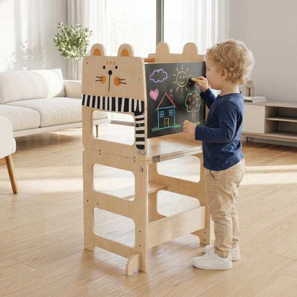 3-in-1 Wooden Kids Kitchen Step Stool with Blackboard