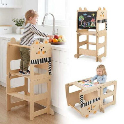 3-in-1 Wooden Kids Kitchen Step Stool with Blackboard