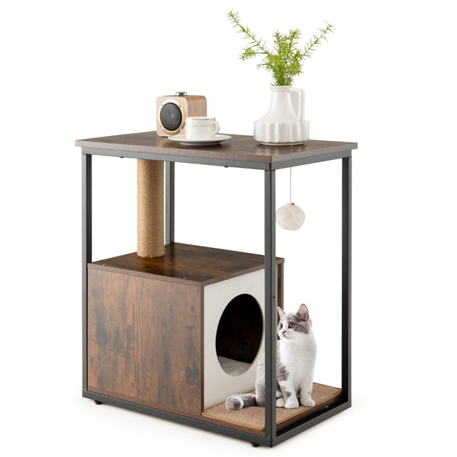 3 in 1 kattenhuis & krabpaal & bijzettafel kattengrot met uitneembare krabmat & bal bruin